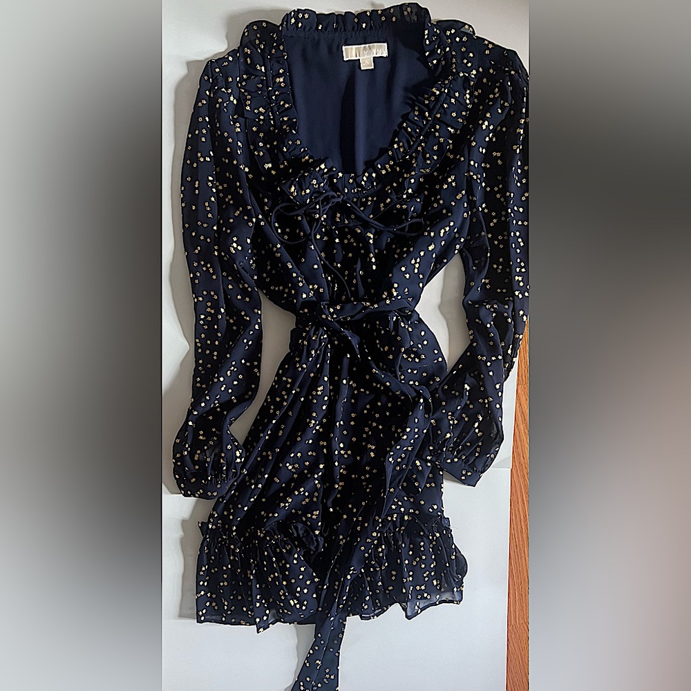 MICHAEL Michael Kors chiffon navy dress with gold foil blossoms XL